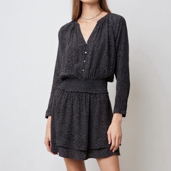 Rails Jasmine Long Sleeve Mini Dress Ash Gray Cheetah Leopard Print Smocked S - Picture 3 of 15